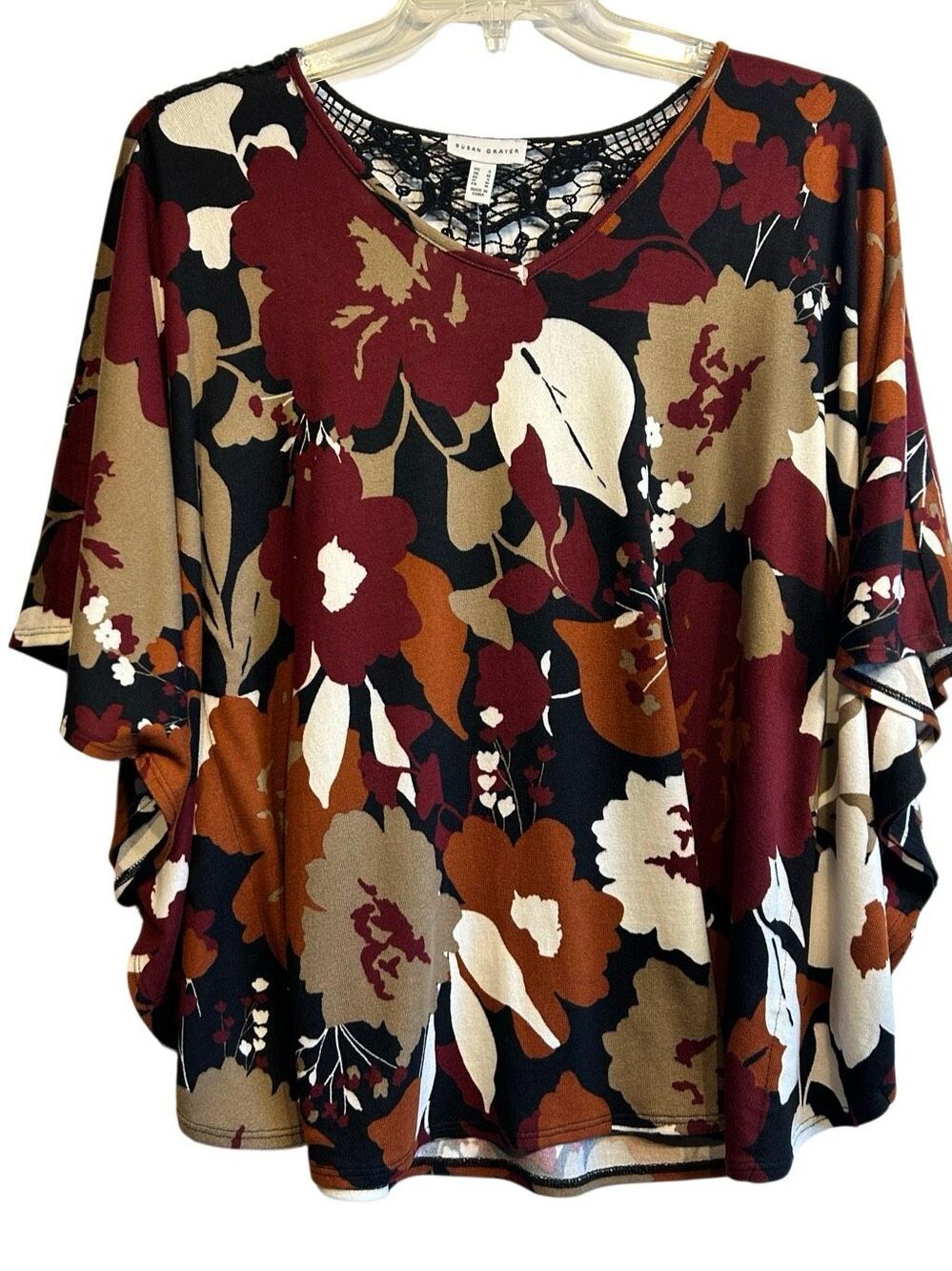 Susan Graver NWT Floral Poncho Top Burgundy Black Crochet Lace Back Size S Over